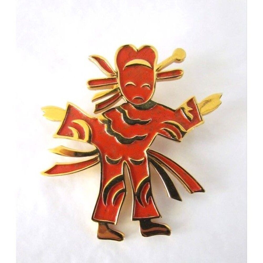 Vintage Large Trifari Ming Asian Dancer Brooch Orange Enamel Figural Man Gold